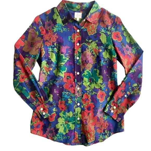 J Crew Navy Blue Green Pink Floral Lightweight Airy Cotton Silk Shirt Top XXS 00 - Picture 5 of 5